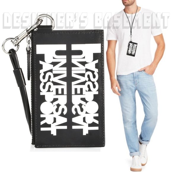 BURBERRY black calf Leather w​hite Slogan Print Card Case on Lanyard sling NWT - Picture 1 of 8